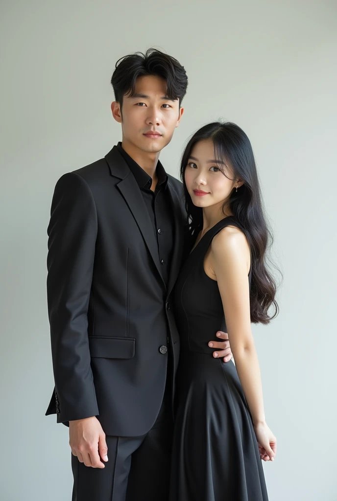 A modern photo of a Korean man standing next to a Korean woman, both facing forward and looking at the camera.