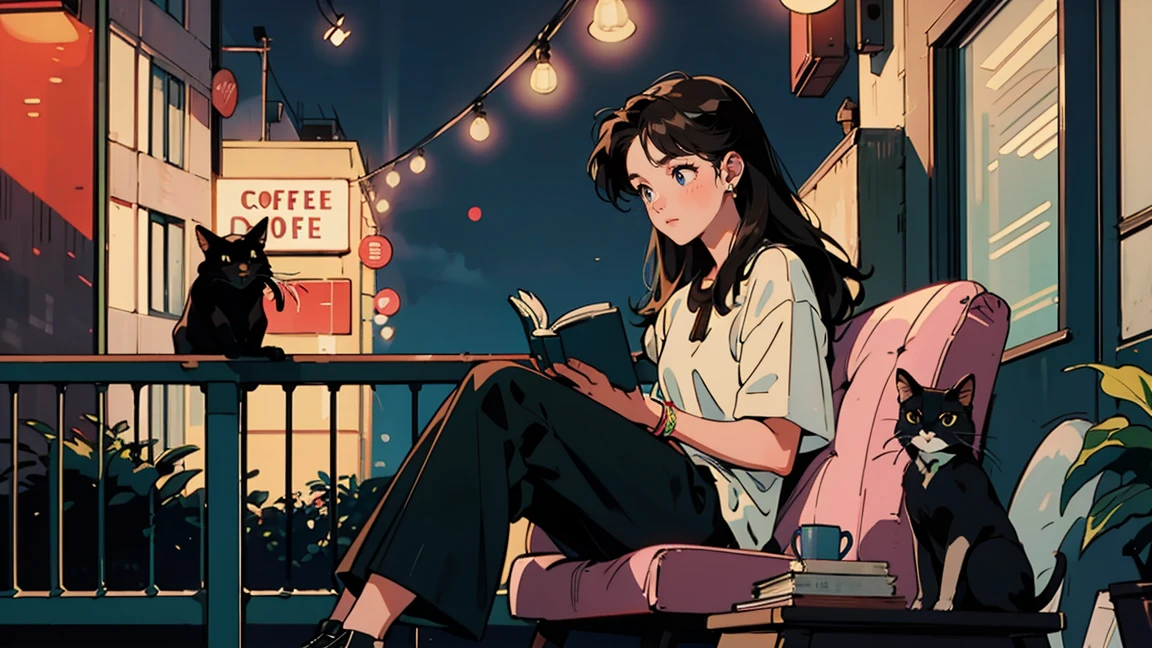 Highest quality, 8k, 1990s style,Hairstyles of the 2010s, 21 year old girl, Black Hair, Long Hair, Light brown eyes, City Pop, pants ,Night view, Wear headphones,Reading a book, whole body, Relax Coffee,table,making,look at me, Black cat