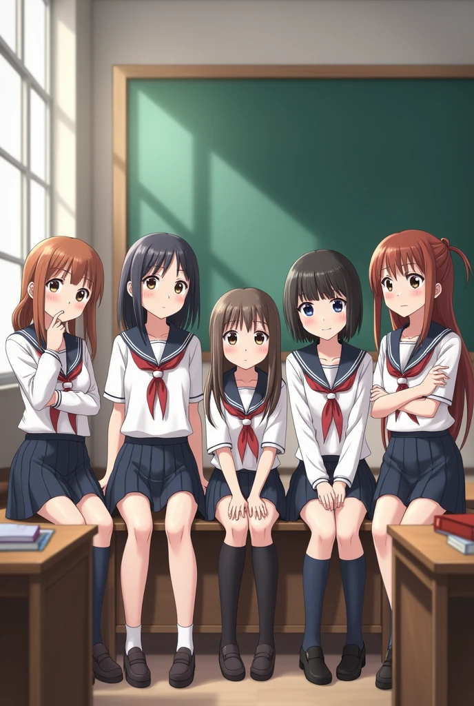 6 girls in school dress are sitting on a bench inside a class room