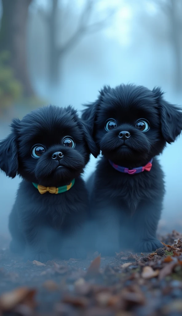 (0815) Today's 3D Pixar-style Art：Close up of 2 black shihtzu puppies with big blue eyes wearing a colorful collar Lost in the Mysterious Fog