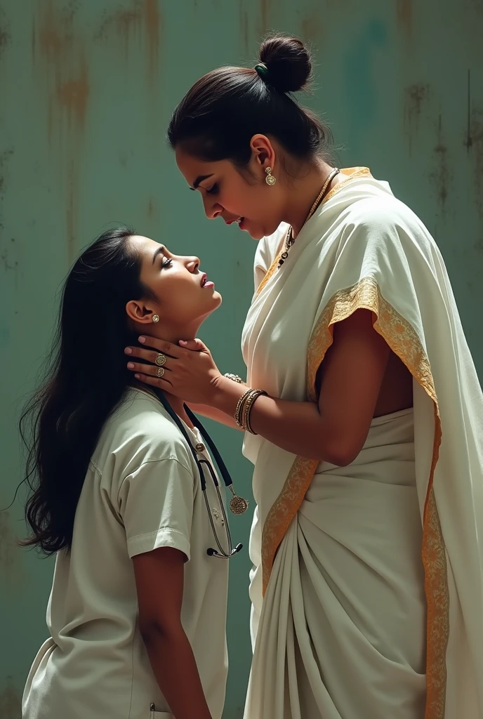Mamta banarjee in white saree pressing neck of a female doctor with 1 hand lifting her up from the ground with evil look in her eyes side view
