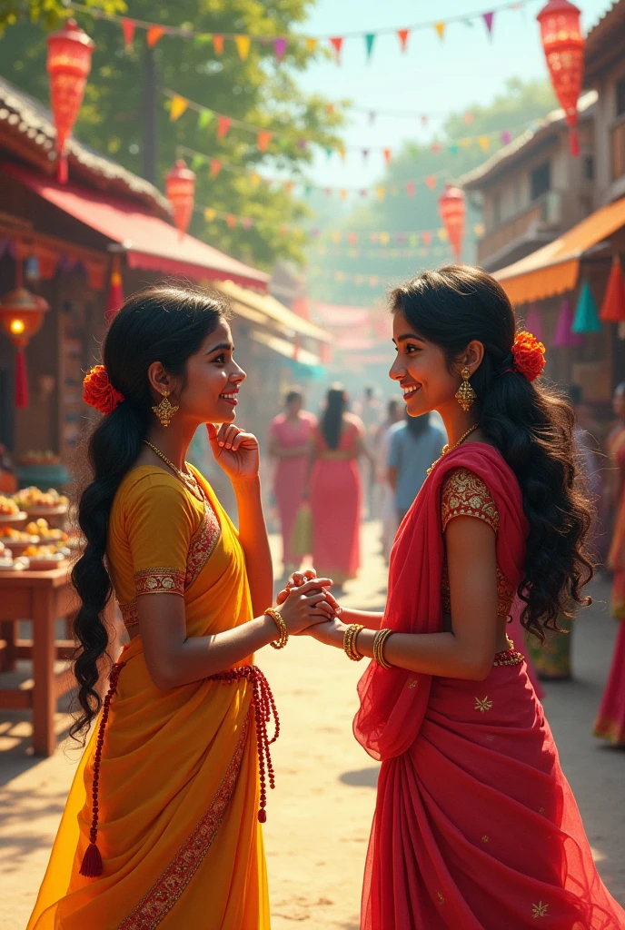 As a festival is coming up in Radha's village, she invites Maya to the festival too.