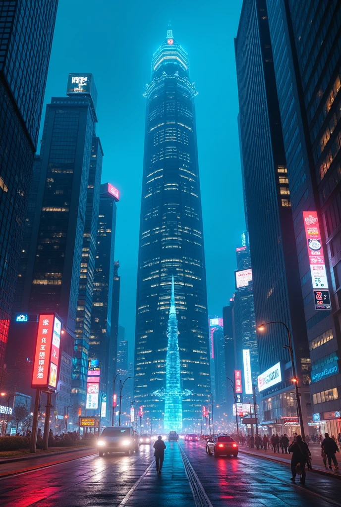 blue light, panoramic view, landscape orientation, imagine a large corporate headquarters in a busy, neon city