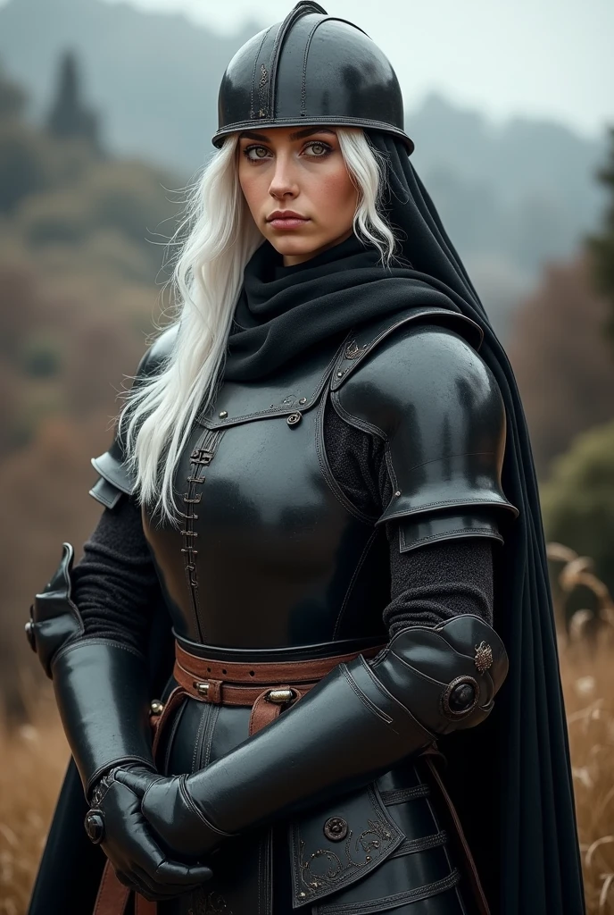 A young woman with honey-colored eyes, white hair and a complete black medieval armor with a helmet that covers his face while in his hands he holds a pack saddle