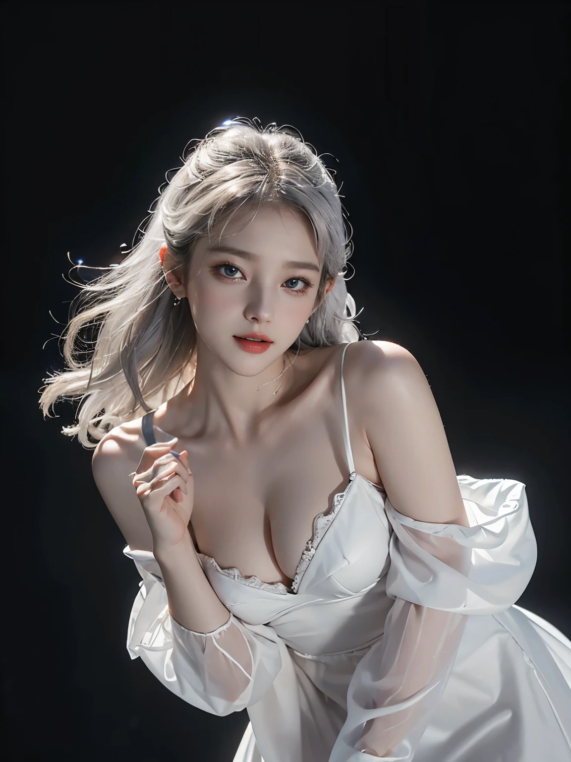 Black Background、Professional Lighting、(((Professional Lighting 1.5)))、Translucent skin texture、Clear Skin、Beautiful Skin、、Off the shoulder、White Dress、See-through、Ecstasy of Musical Notes、(((Sex appeal 1.3)))、(((Mature Female 1.5)))、Silver Hair、