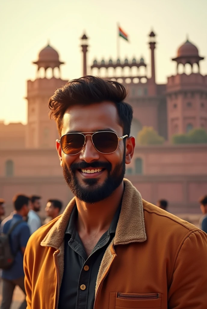 Indian young boy with beard and sunglasses independence day morning time all viwe lal kila realistic man