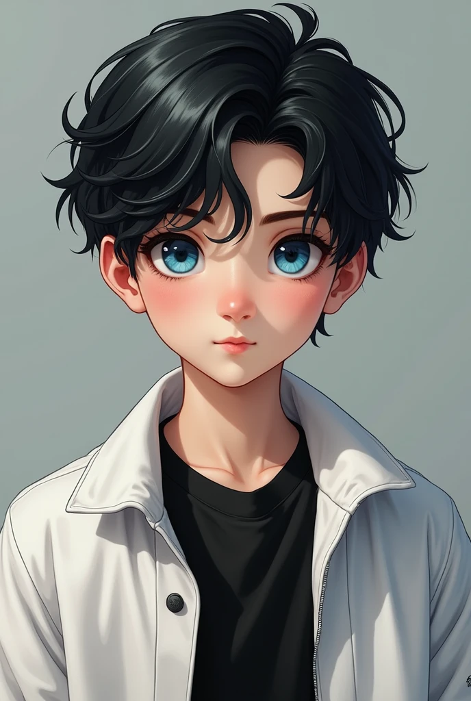 European Italian 
16 year old boy with pale white skin, blue eyes, black hair with a lock of white hair, serene and calm look, wearing a white jacket with a black shirt, realistic style 
