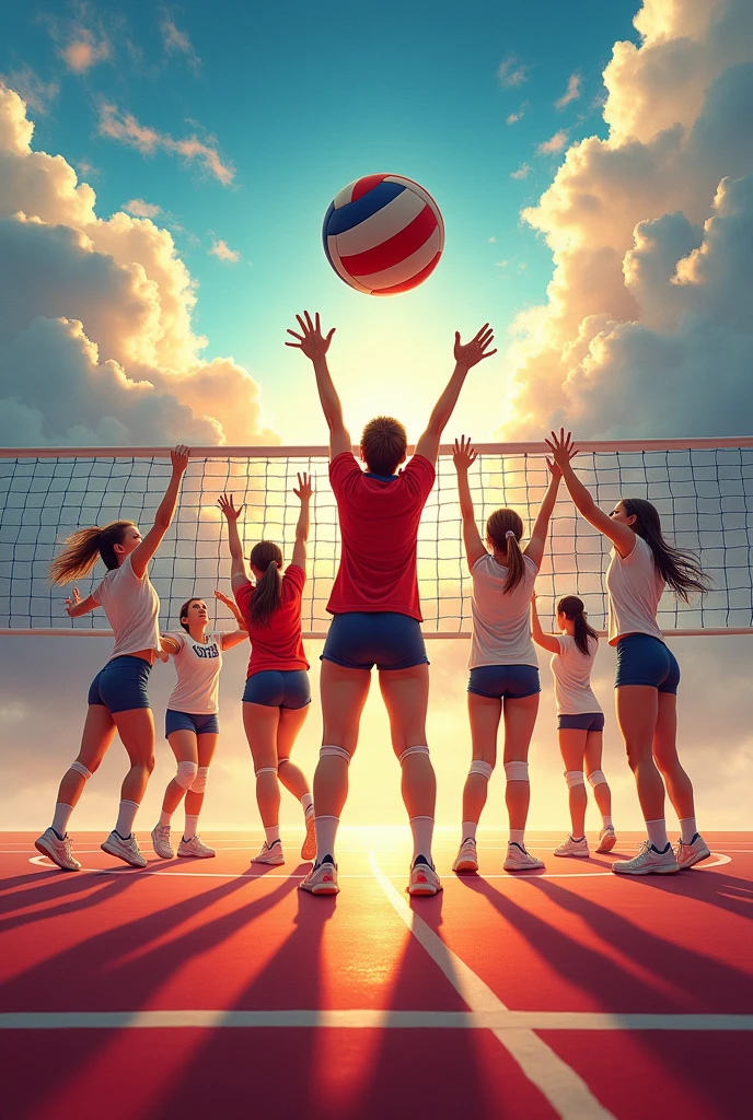 Create advertising for my volleyball school called "red storm", It should be eye-catching and lively, It should have the name and its theme, There should be people, clouds, good heavens, volleyball and net