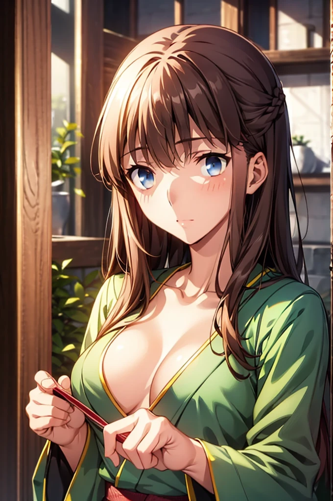 Masterpiece,Highest quality,8k,Ultra-high resolution,appropriate margins,Perfect hands,Perfect Fingers,Perfect human body,Perfect Eyes,((Cowboy Shot)),BREAK,Bright expression,(1 person),(The most beautiful woman),Slim body,((The most extraordinary breasts)),Cleavage,Moisturized Skin,Fair skin,BREAK,((Chestnut Hair)),Center Part,Long Hair,Braiding,BREAK,Thin eyebrows,BREAK,Black eyes,BREAK,(Shrine maiden),(Shrine maiden服),(kimono),BREAK,Make eye contact with your audience,Embarrassing,shrine