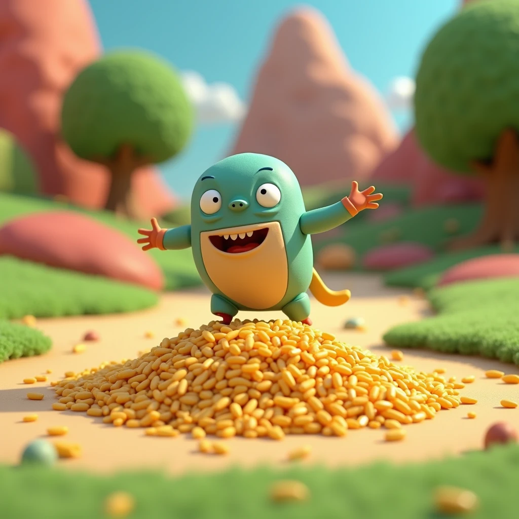 3d animation style 
Billu cautiously moving toward the rice, unaware of the hidden pit.