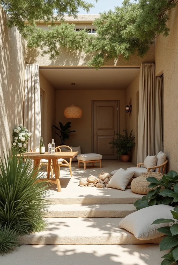 2. Propuesta de colors y Textures (Mood board)
concept: Create a warm atmosphere, relaxing and cozy.
colors:
beige: Soft and Neutral, ideal for walls, creating a tranquil base.
olive green: In accents or furniture to provide a natural feel and connection with nature.
Soft Brown: Earthy tones for furniture and decorative elements, adding warmth.
Soft White: For ceilings or moldings, increasing luminosity without being aggressive.
Warm Grays: As a secondary color to balance.
Textures:
Lisa Wood: On surfaces like tables, chairs and doors, providing a warm tactile experience.
Rough Stone: For accent walls or exterior paths, adding a natural and earthy feel.
Soft Textiles: cushions, curtains and blankets in natural fibers like wool, linen or cotton for greater comfort.
vegetation: Integrate plants with soft and leafy textures to bring life and a calming touch to the space.
Suggested Images: color palettes, wood texture samples, stone, textiles, photos of plants.