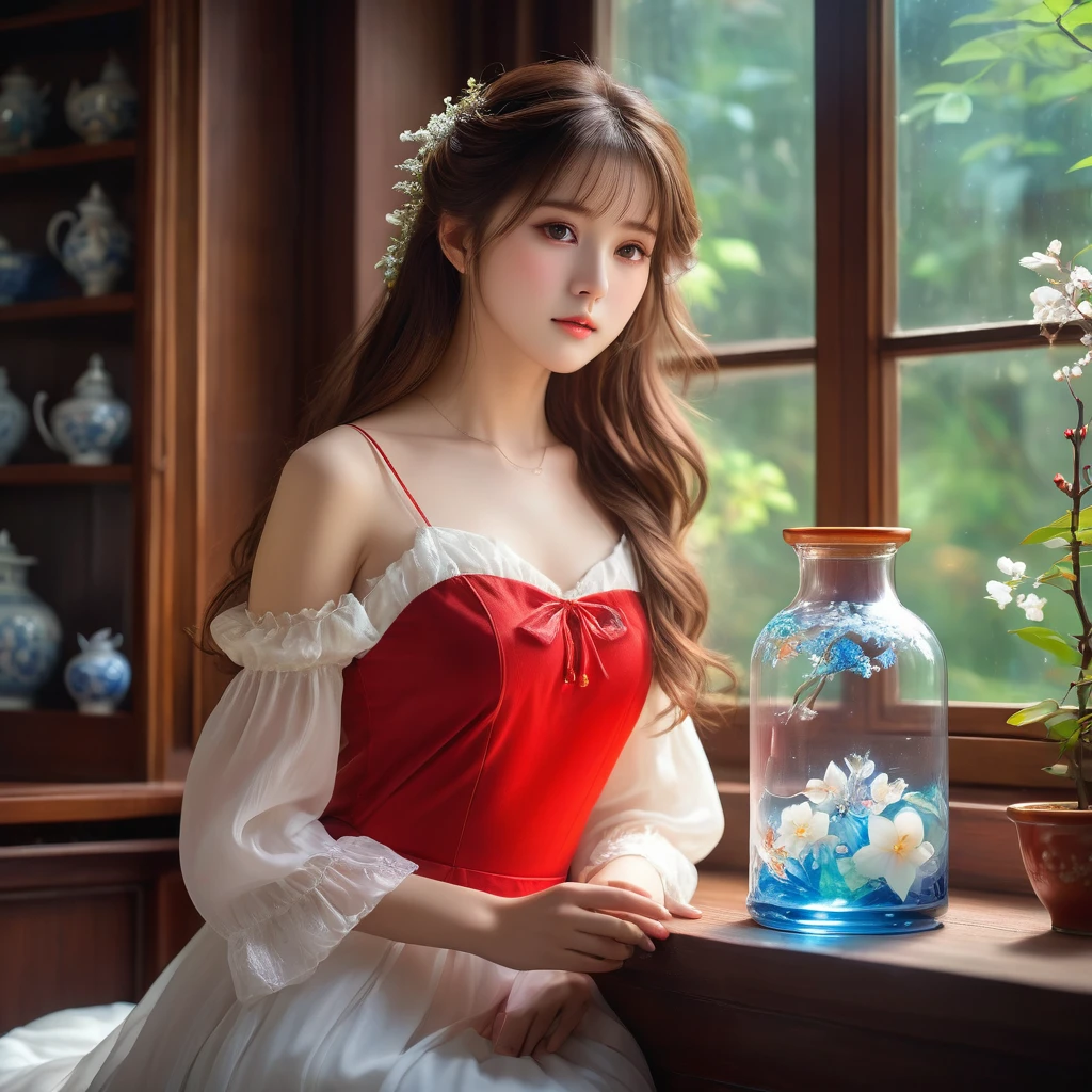 （Best quality，4K，8k，masterpiece：1.2），Super fine，（lifelike，Photo real，Photo lifelike：1.37），Girl in the glass bottle，[Vibrant colors]，[Ethereal atmosphere]， Reimu Hakurei，Brown hair，Long hair，beautiful eyes，Soft porcelain skin，Dreamy expression，Red white dress，Charming pose，Otherworldly beauty，Ethereal light。