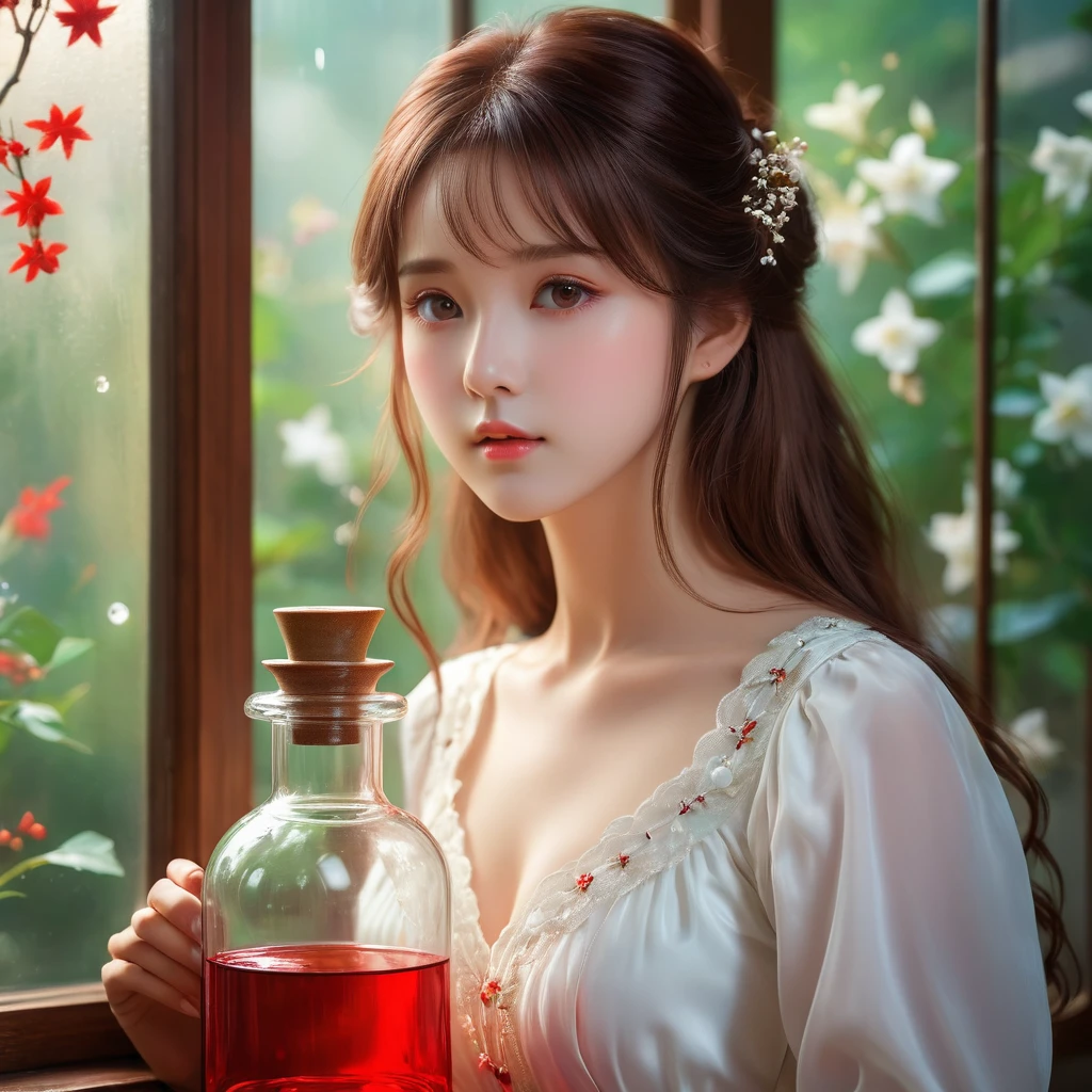 （Best quality，4K，8k，masterpiece：1.2），Super fine，（lifelike，Photo real，Photo lifelike：1.37），Girl in the glass bottle，[Vibrant colors]，[Ethereal atmosphere]， Reimu Hakurei，Brown hair，Long hair，beautiful eyes，Soft porcelain skin，Dreamy expression，Red white dress，Charming pose，Otherworldly beauty，Ethereal light。