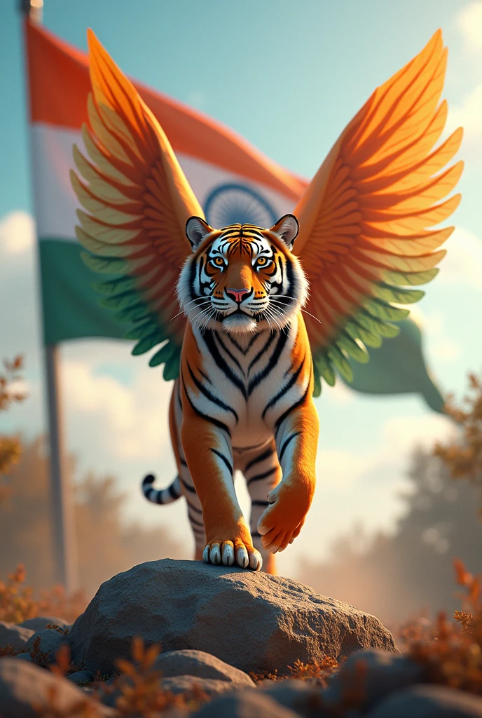 Name “ GULSHAN ”
tiger with tiranga wings background with big Indian flag , capital big aroplane, stone peal. stylish in front 3D rendering, typography, 3d render,
