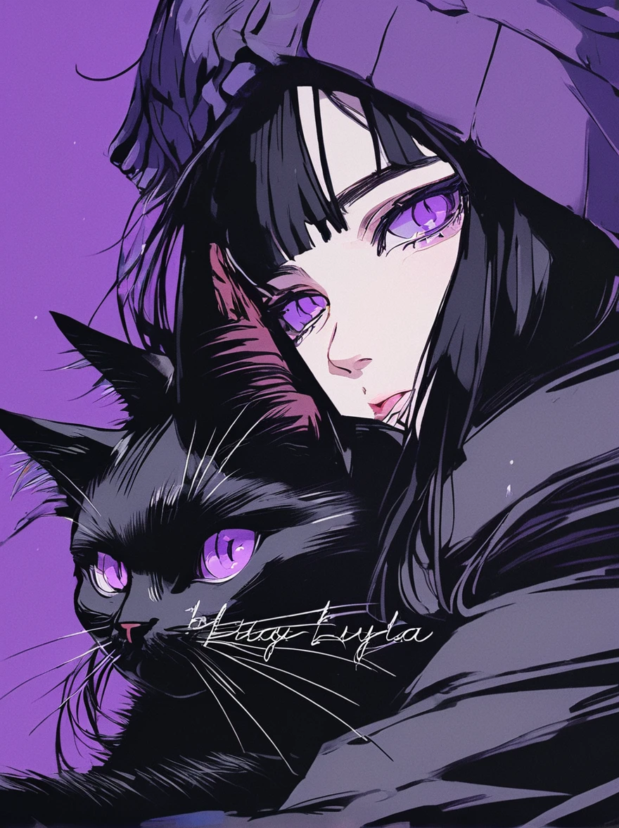 An anime girl holding a black cat with long black hair and purple eyes., young，young十代の少女，Emo girl and her , Goth cat and girl portrait, Digital illustration style, In the art style of Bouwater, Anime Style, Anime-style illustrations,Serious expression