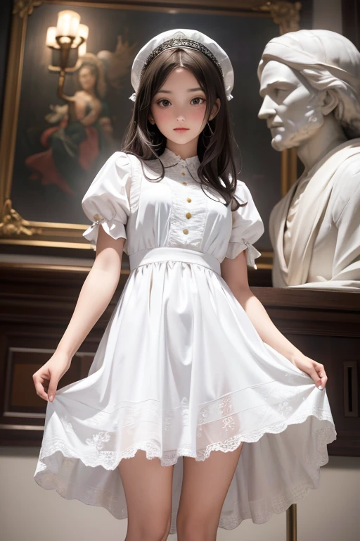 Image of a girl in a white lace dress in the style of the Federal Reserve and a background with Leonardo da Vinci&#39;s notes., stunning young ethereal figure, portrait of a magical girl, portrait of a young witch girl, Girl in steampunk clothes, Girl musician in lace clothes, natalia dyer, Daphne Keane, portrait of a young witch, girl with magical powers, inspired by Irakli Nadar, Inspired by William Muster Lockhart, top quality, detail, detail, masterpiece, high image quality  