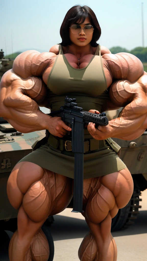 Realistic Malay cute girl holding a automatic rifle and aiming to shoot , fair and glossy skin, muscular body, Blackhair, Sun glasses, ((massivemuscles)) (hypermuscle) ((ginormous bulky muscles)), (detailed muscle), Veins everywhere, wearing military uniform, with a battlefield background, in 1984s