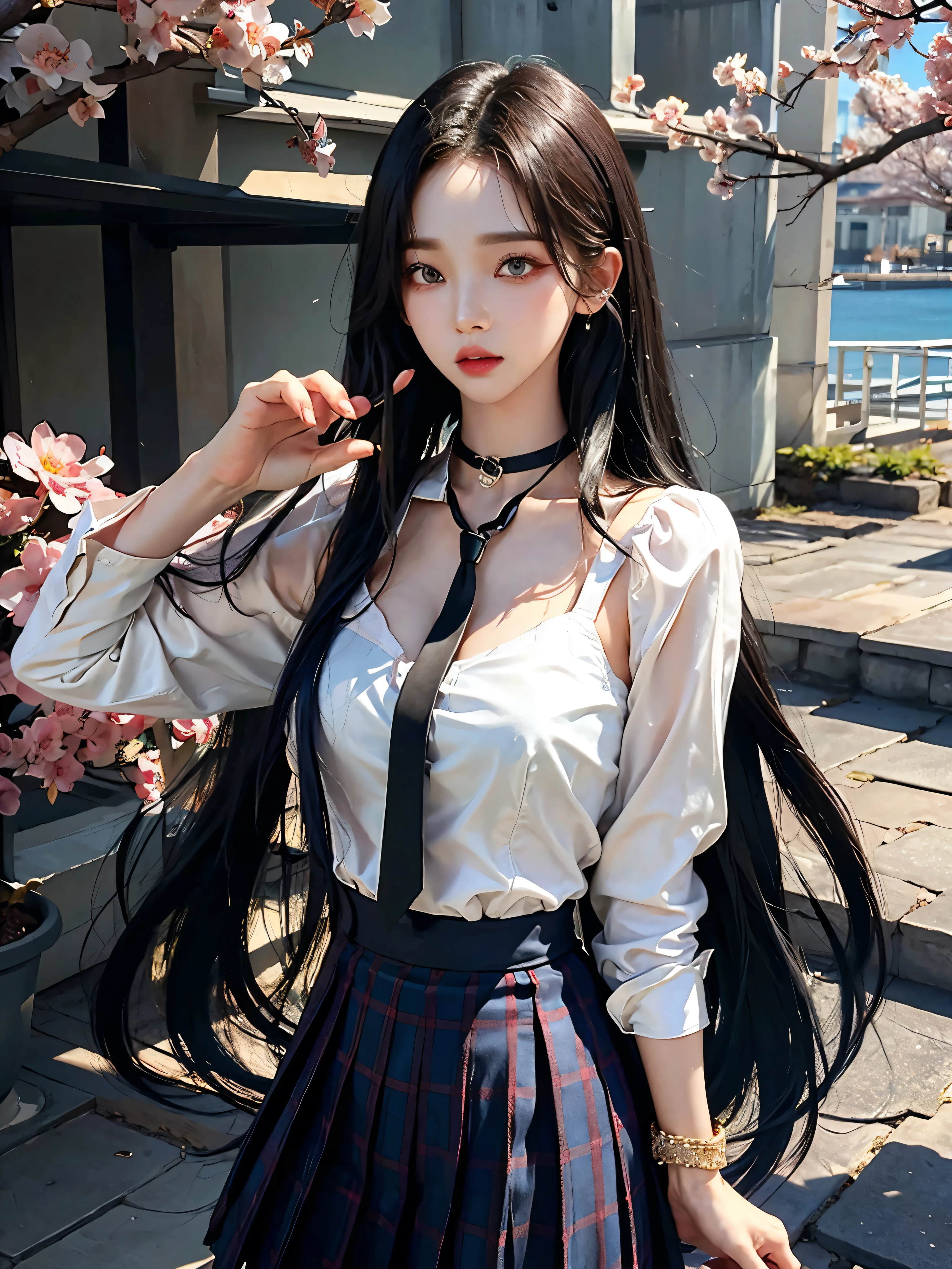 큰 chest, 젖어서 chest이 보이는 흰색 shirt, masterpiece, best quality, whole body, 1 woman, forehead, black choker, black necktie, blond hair, blue skirt, blush, bracelet, chest, choker, clothes approximately waist, clavicle, collared shirt, cowboy shot, dress shirt, ear piercing, eyebrows visible through hair, gradient hair, 이를 드러내고 laugh, fix, bijouterie, Kogal, long hair, looking at viewer, loose necktie, necktie, piercing, plaid, plaid skirt, pleated skirt, red eyes, ring, , shirt, skirt, laugh, alone, distance, sky, Cherry Blossom, petal,illustration, (Magazines:1.3), (sheathe-style:1.3), fashionable, female, vibrant, outfit, posing, front, fancy, dynamic, background, coercion, confidence, expression, possession, name, accessories, majestic, coil, approximately, touch, scene, texts, sheathe, brave, attracting attention, title, Refined, font, catchy, headline, bigger, striking, modern, Trend, Concentrate upon, fashion,