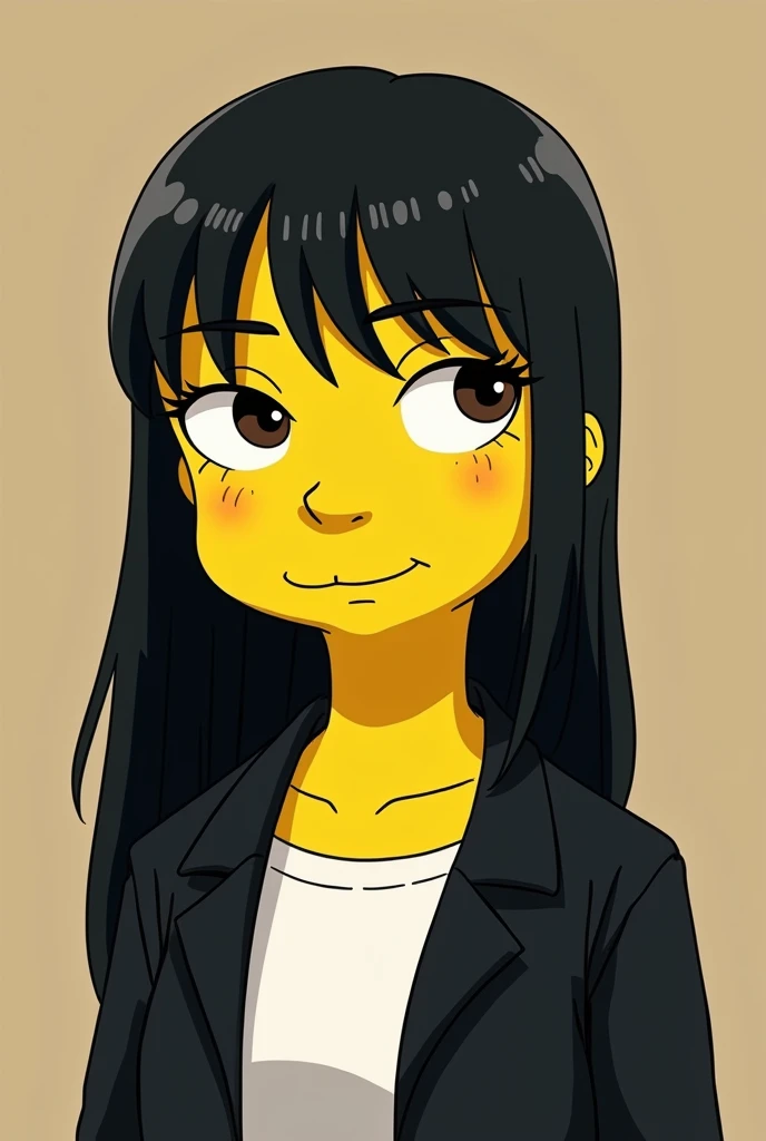 Draw a girl with long, straight black hair, with dark brown eyes, nose a little wide, a mole next to the lip, wearing a black jacket and a white blouse Simpson version