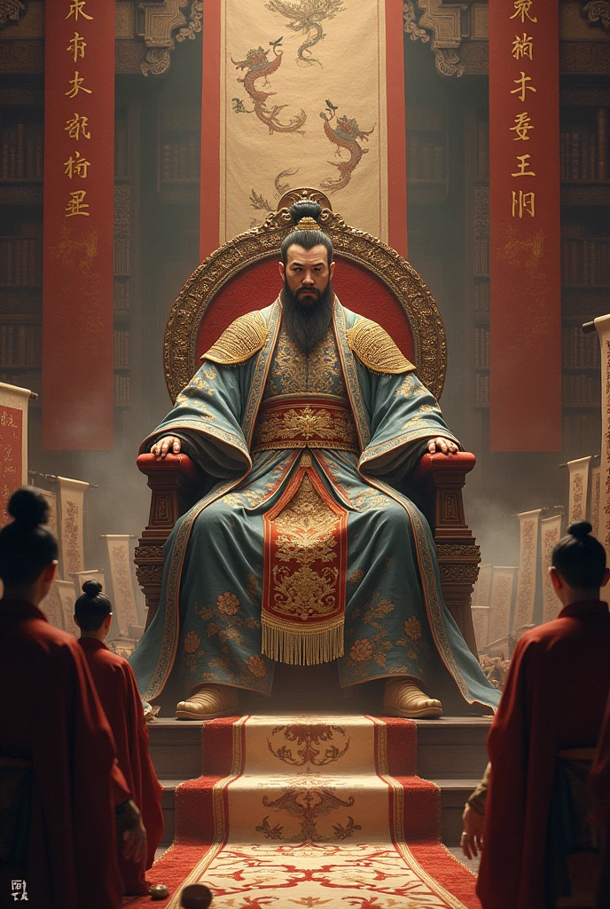 Emperor Qin Shi Huang seated on a grand throne, surrounded by alchemists, scholars, and ancient scrolls."