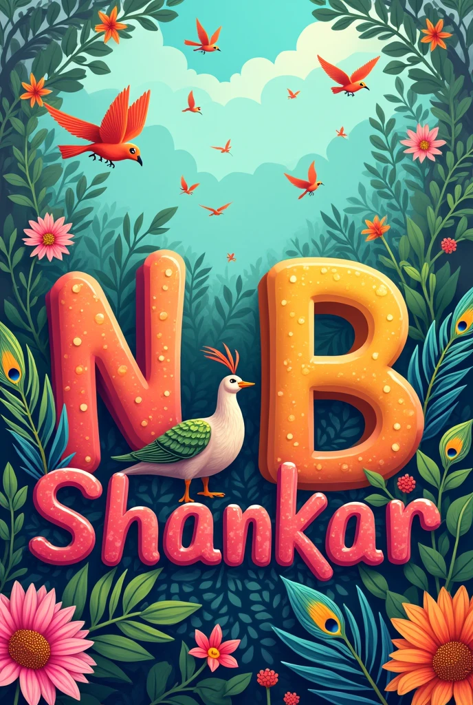 Rounded surface, Multi colored alphabet "N B Shankar", Over layout surrounded by flowers garland and peacock feathers , flying birds,