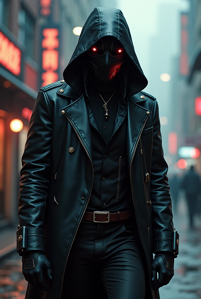 A cyberpunk Rorschach (vigilante detective). With cyber ehancements similar to a kamen rixer. He has the ability to hack and gather information from any device he can see.