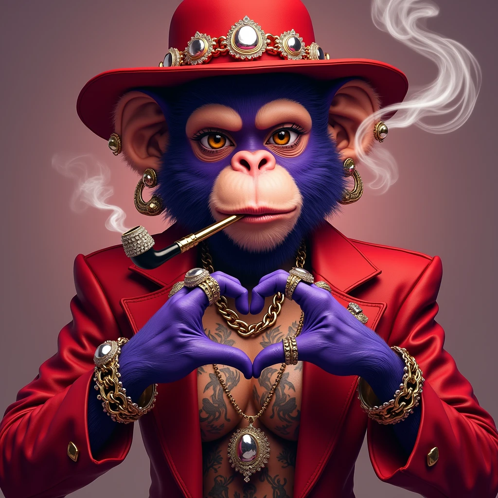 1 purple female monkey, with a red gangster suit with chains, hat and glasses, tattooed, with huge diamond and gold rings, smoking with a pipe, making a heart with both hands