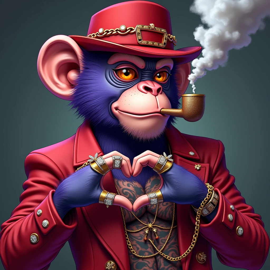 1 purple female monkey, with a red gangster suit with chains, hat and glasses, tattooed, with huge diamond and gold rings, smoking with a pipe, making a heart with both hands