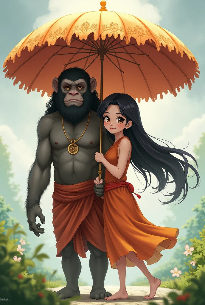 Anime girl with Hanumanji standing and holding an umbrella 