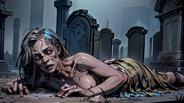 In a graveyard in front of a tombstone, a decomposing beautiful nude woman crawls out of the grave. A spectral being draped in flowing iridescent mists. The image, a stunning digital art piece, is bathed in a dreamlike haze of BLue and gold Dynamic Soft lighting. ,zombie bride, nipples, vagina asshole, butt;