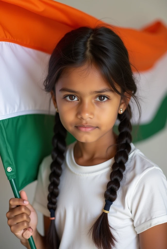 a 14 year old girl holding indian flag in plain white shirt and two long braids, closeup pic realitic