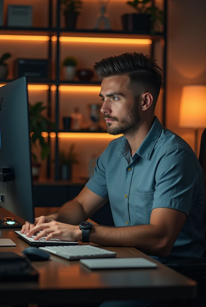 A man sitting in his setup,lighting,handsome man with low faded hairstyle
