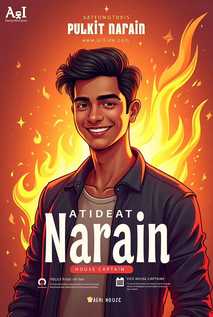 create an attractive poster asking for vote in student council election as pulkit narain standing for house captain and vice house captain pf agni house