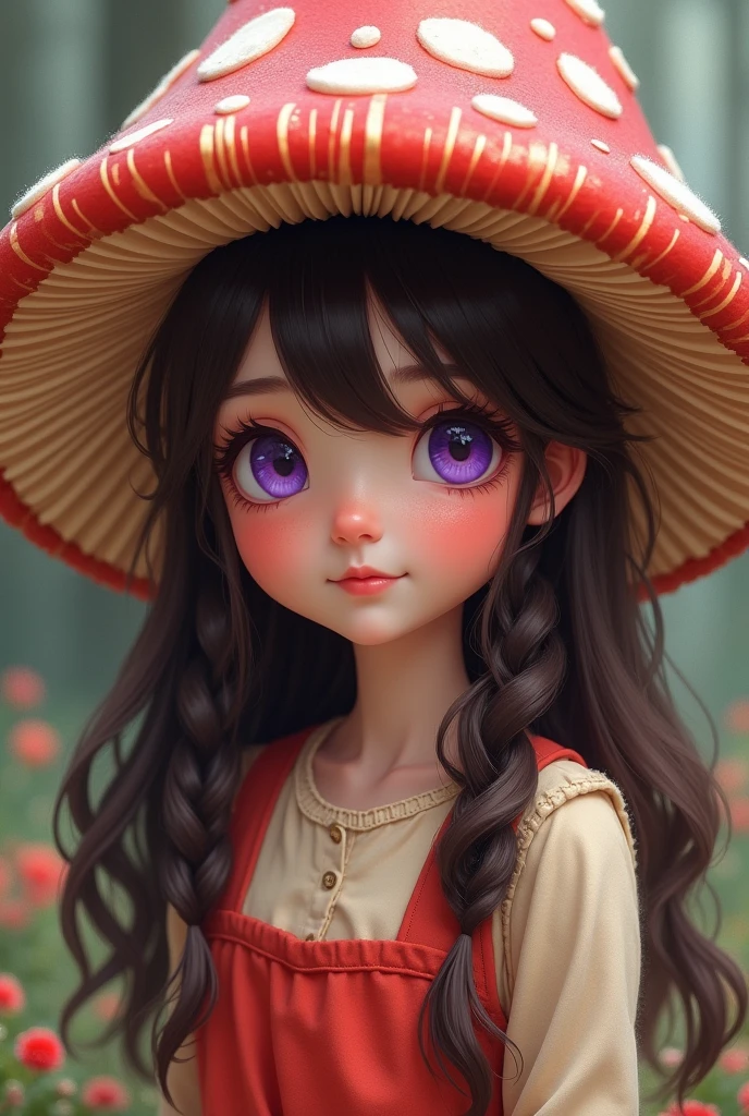 Brunette girl with a lot of blush, with dark brown hair and eyes, purple front highlights and an adorable but realistic mushroom costume