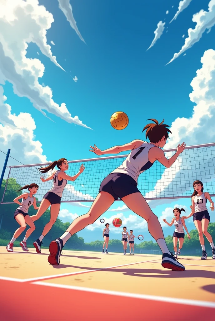 Create advertising for my volleyball school called "red storm", It should be eye-catching and lively, It should have the name and its theme, There should be people, clouds, good heavens, volleyball and net