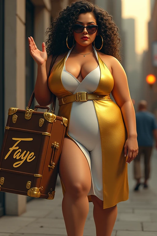 Create realistic chubby girl wearing Mafia style wearing gold and white combination and curly hair, sunglasses and handle a suitcase name "Faye"3rd curve style on it be careful to the spelling of each letter on it