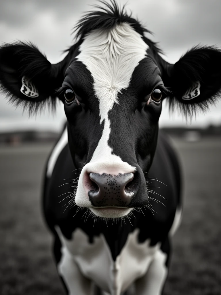 A close-up of a black and white Holstein cow looking directly at the camera