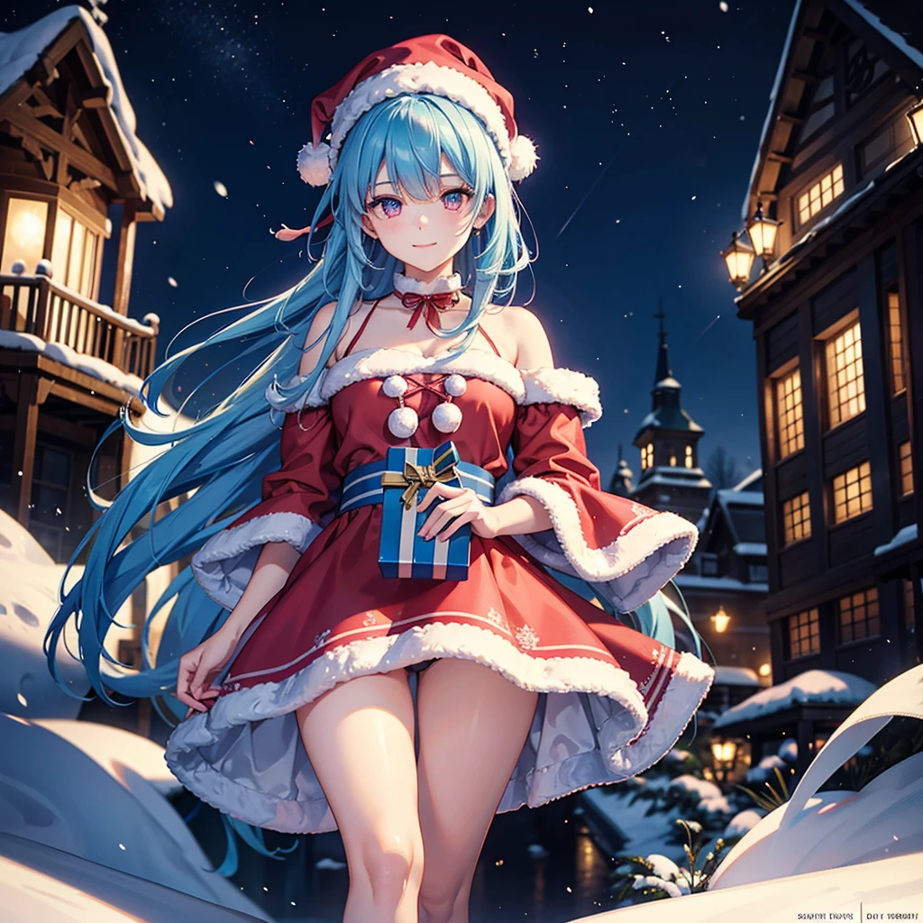(Sky blue hair tied in a single strand),(Pink Eyes),Fair Skin,Full Body,Alone,smile,Santa Claus Clothes,Giant Christmas Tree in the Background,Snowy Night,Sparkling Night Sky,gift box,(Masterpiece, Top Quality, Very Detailed), Best Shadows,Detailed Background,Beautifully Detailed Face,High Contrast,Best Lighting, Very Delicate and Beautiful,Cinematic Light,Hyper Detail,8k,Dramatic Light,Exquisite Detail,