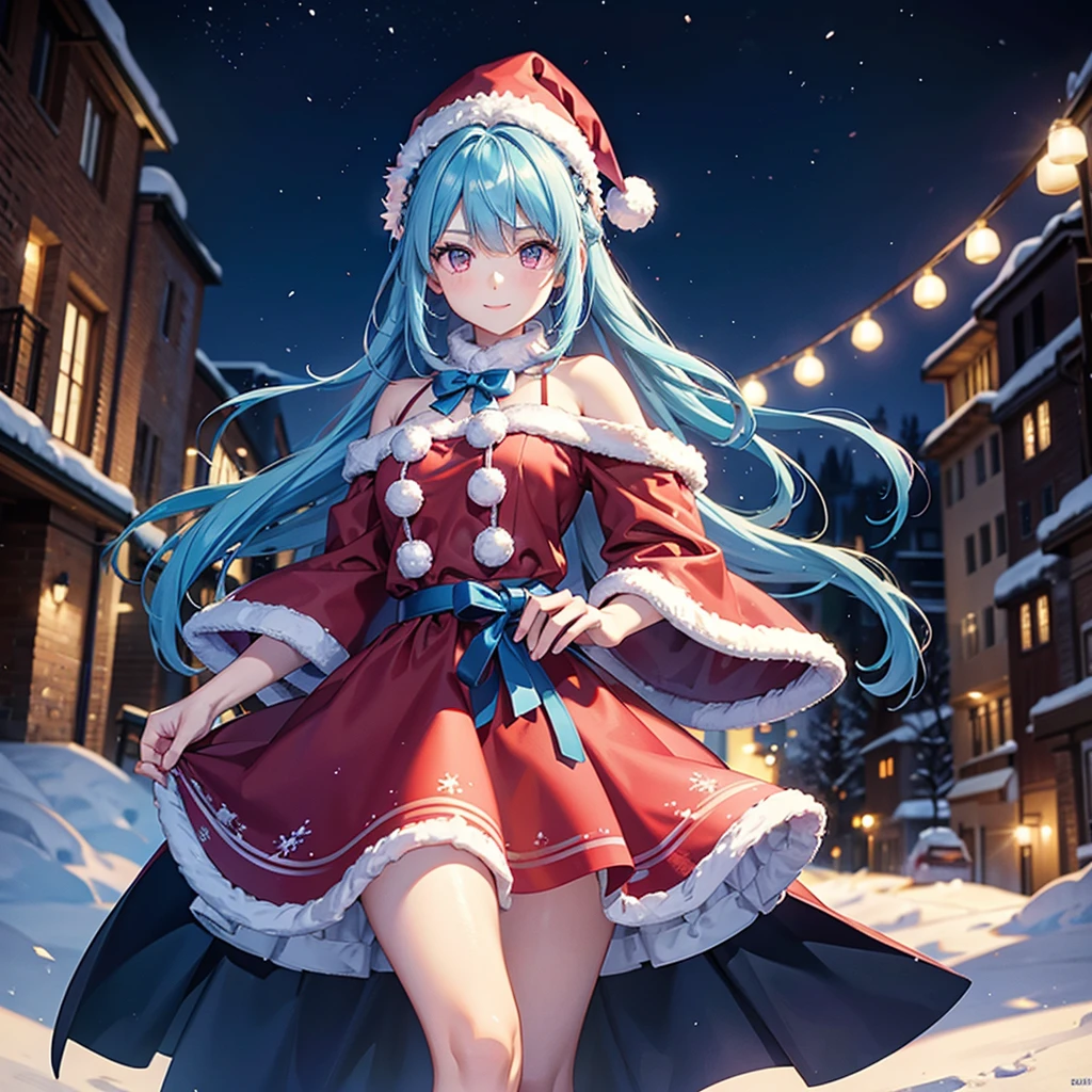 (Sky blue hair tied in a single strand),(Pink Eyes),Fair Skin,Full Body,Alone,smile,Santa Claus Clothes,Giant Christmas Tree in the Background,Snowy Night,Sparkling Night Sky,gift box,(Masterpiece, Top Quality, Very Detailed), Best Shadows,Detailed Background,Beautifully Detailed Face,High Contrast,Best Lighting, Very Delicate and Beautiful,Cinematic Light,Hyper Detail,8k,Dramatic Light,Exquisite Detail,