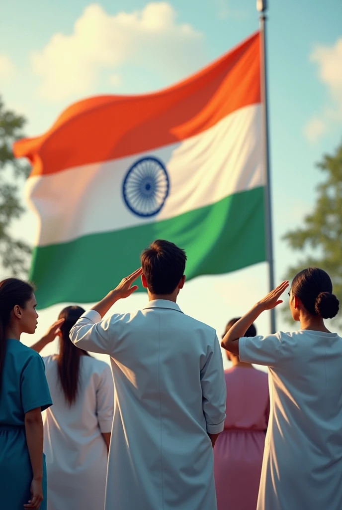 So many women doctors and men doctors facing and saluting  flagoffed indian flag and  Justice for moumitha

