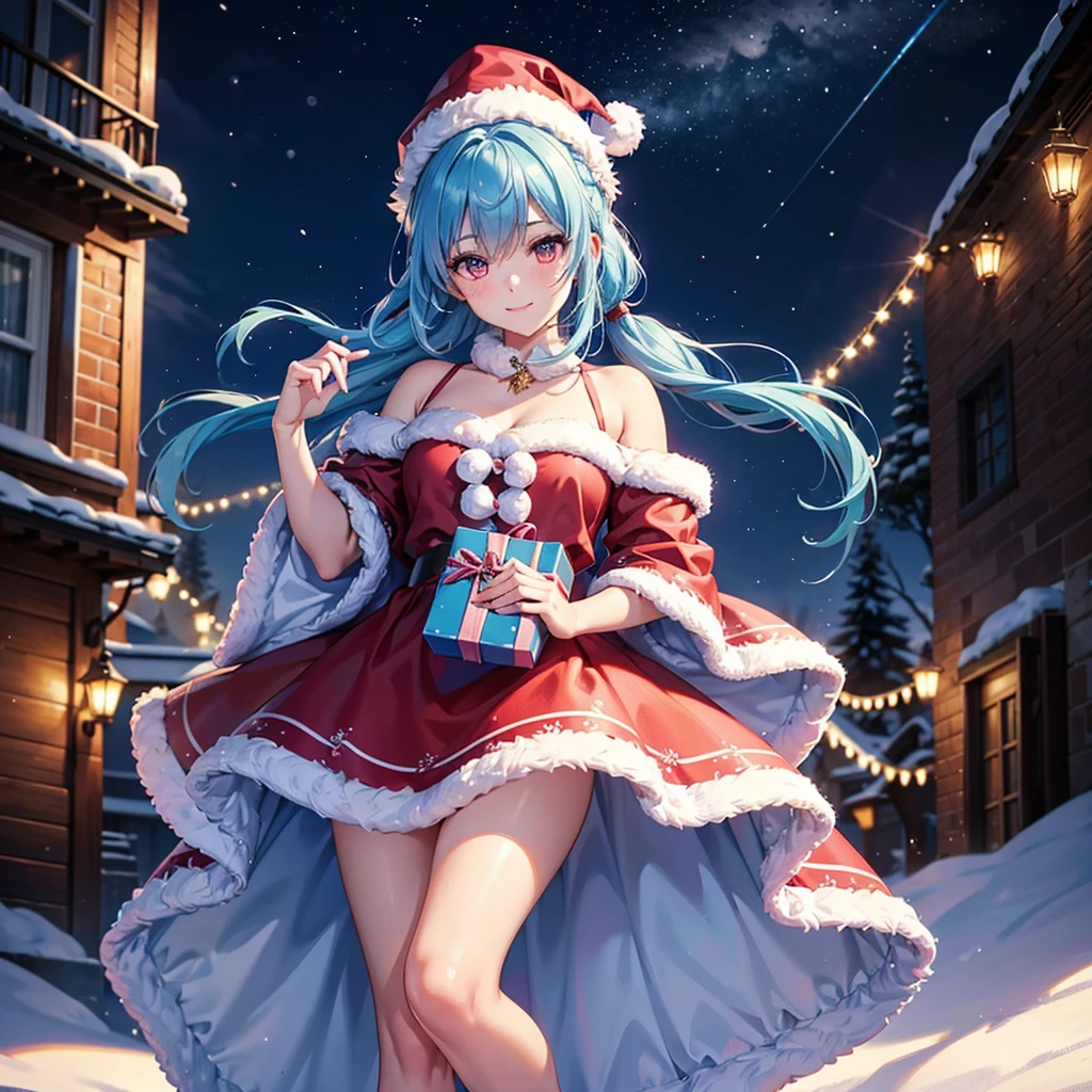 (Sky blue hair tied in a single strand),(Pink Eyes),Fair Skin,Full Body,Alone,smile,Santa Claus Clothes,Giant Christmas Tree in the Background,Snowy Night,Sparkling Night Sky,gift box,(Masterpiece, Top Quality, Very Detailed), Best Shadows,Detailed Background,Beautifully Detailed Face,High Contrast,Best Lighting, Very Delicate and Beautiful,Cinematic Light,Hyper Detail,8k,Dramatic Light,Exquisite Detail,