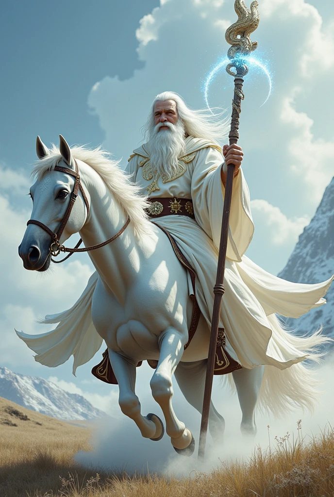 White-robed wizard，Riding a white horse，Holding a long staff