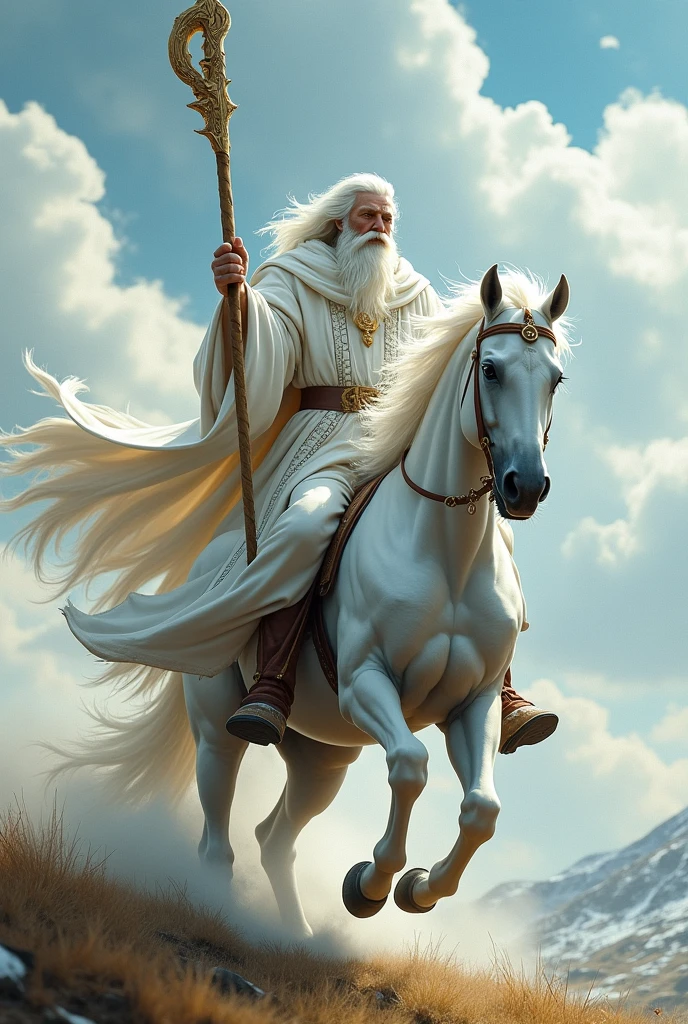 White-robed wizard,Riding a white horse,Holding a long staff