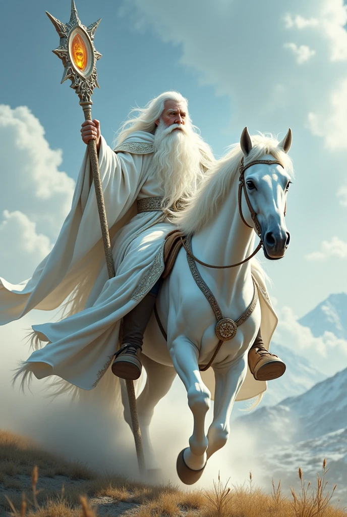 White-robed wizard，Riding a white horse，Holding a long staff