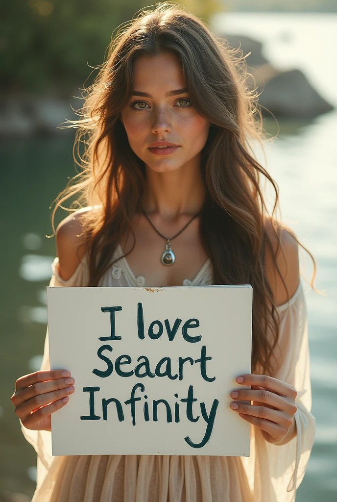 Beautiful girl with wavy long hair, bohemian dress, holding a white board with text "I Love Seaart Infinity" and showing it to the viewer