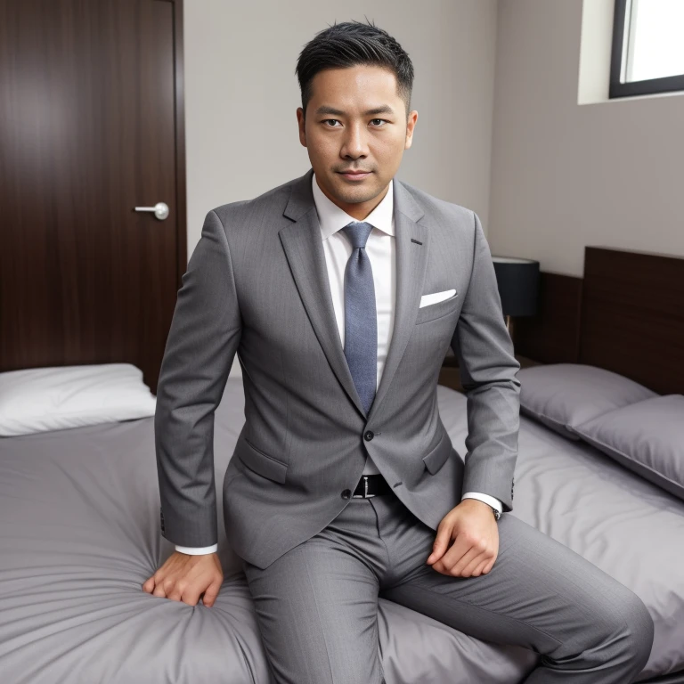 40 years old,One Man,Grey Suit,、Salaryman、Bedroom、bed、Take off your jacket。Spread your legs and sit back deeply、,,logic,Gay ,Very short hair、,Stubble, ,Asian Faces,、The crotch area of my trousers is swollen Handsome