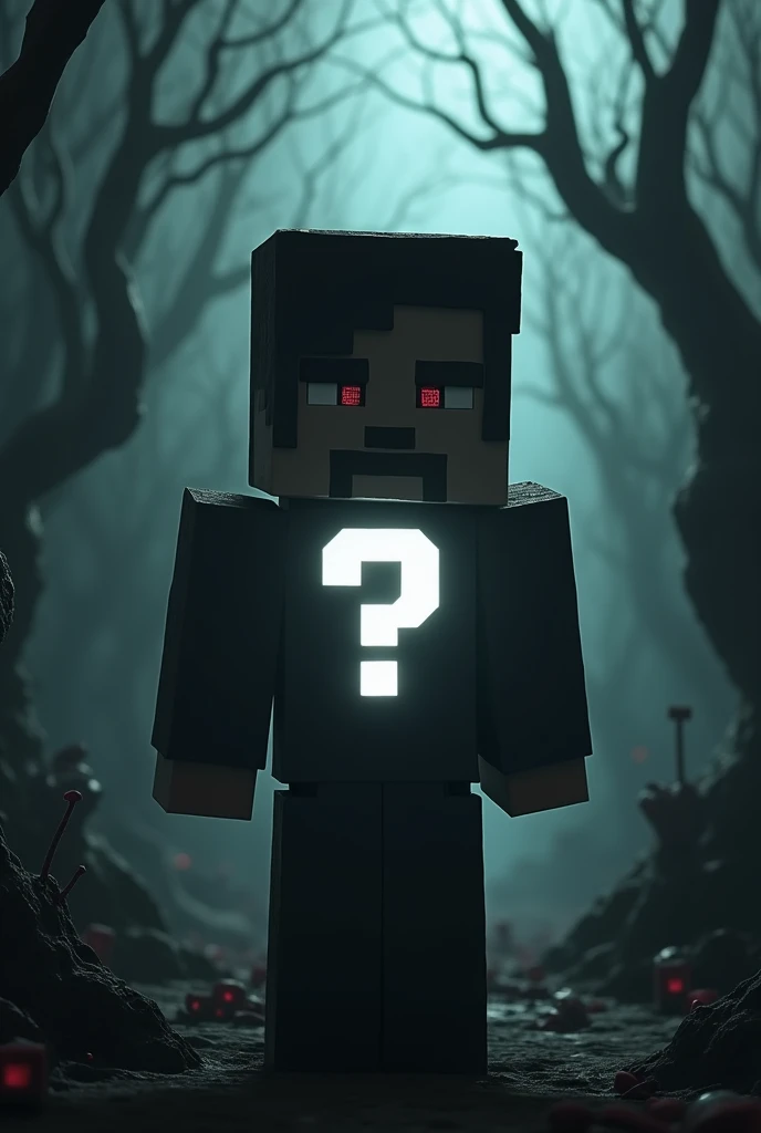 Minecraft character with a white question mark on his chest in a macabre setting