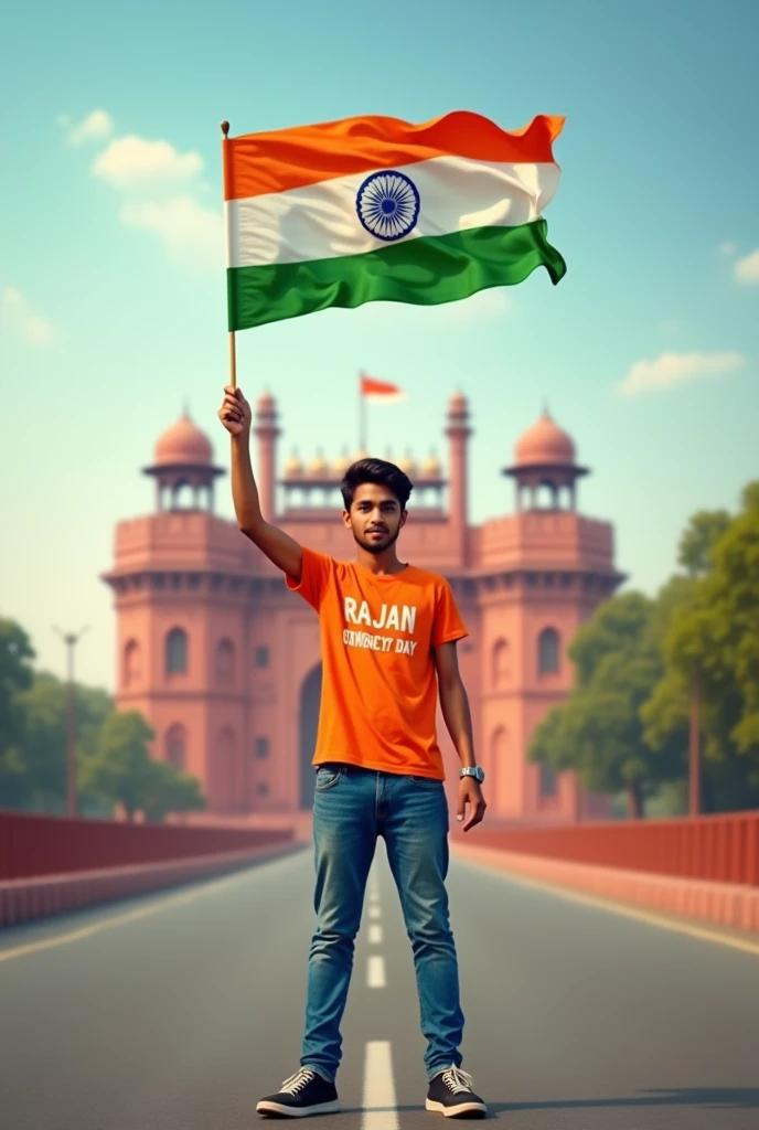 A real 20 years old boy, Wearing Orange T shirt blue jeans sneakers and the name “RAJAN” is written on his t-shirt and the boy is standing on the road with holding a national flag of India, and behind him is the Red Fort Delhi. And written on sky “Independence Day” Create Realistic image high quality