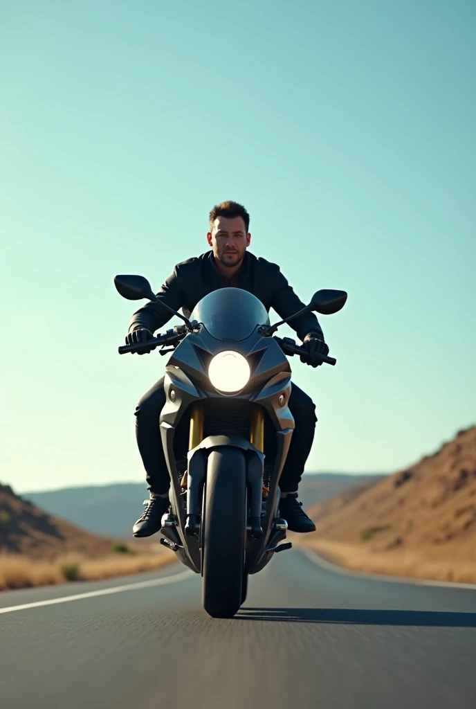 A man motor bike on road alone with clear sky realistic video