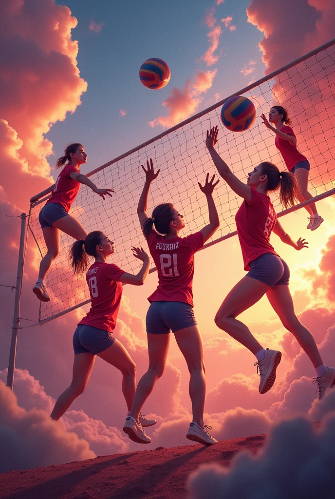 Create advertising for my volleyball school called "red storm", It should be eye-catching and lively, It should have the name and its theme, There should be people, clouds, good heavens, volleyball and net